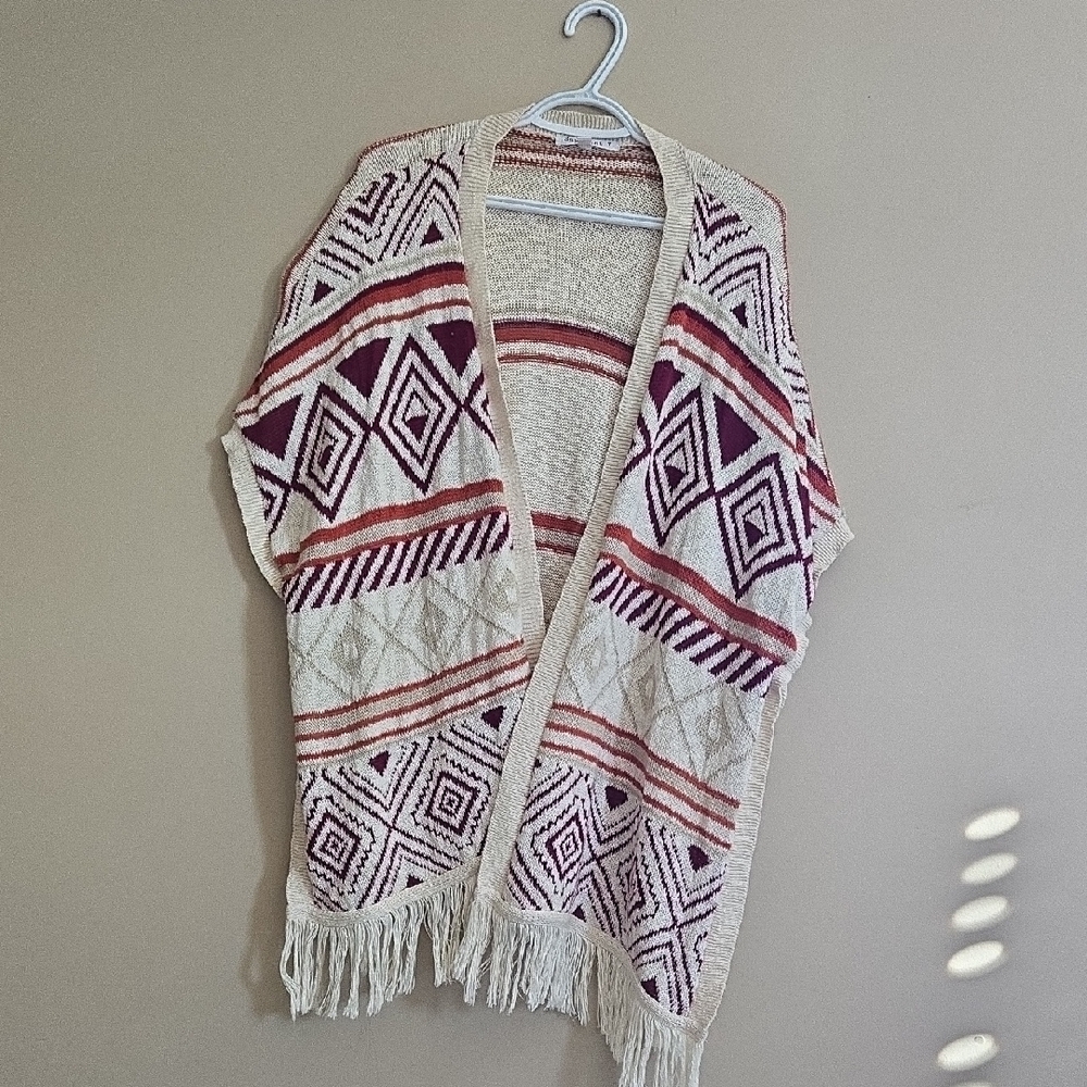 Geometric Patterned Fringe Sweater - Cream and Purple